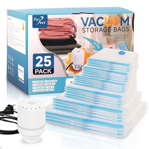 25 Pack Vacuum Storage Bags with Electric Air Pump, Space Saver Bags (3 Jumbo/4 Large/5 Medium/5 Small/4 Roll M/4 Roll S) Compression for Comforters and Blankets, Duvets, Pillows, Travel