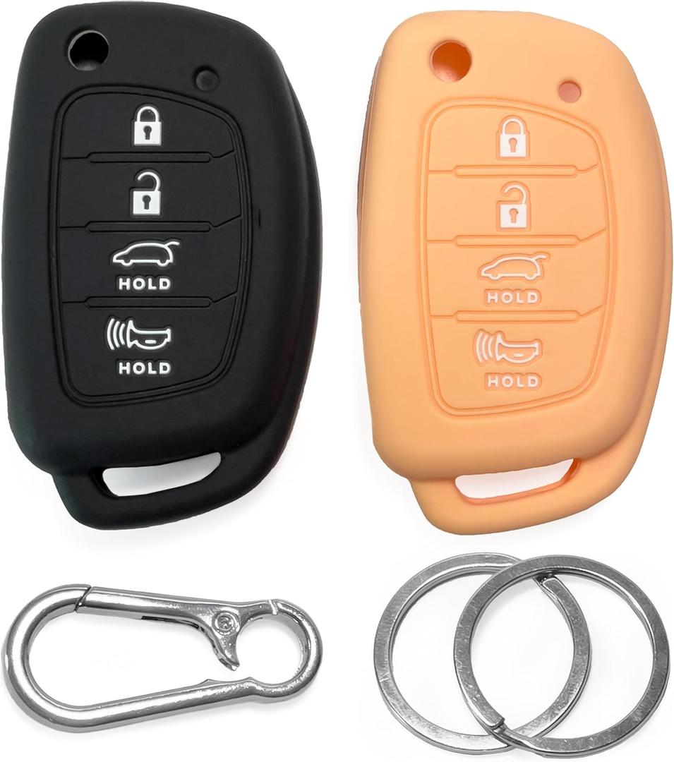 2-Pack Click&Fit Silicone Key Fob Covers Compatible with Hyundai Tucson 2015-18, Santa Fe 2013-2018, Sonata 2014-2019  Car Remote Key Shell Rubber Protector 4-Buttons, Black+Peach