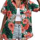 MYHALF Women Hawaiian Shirt Soft Cool Summer Hawaii Shirts Floral Tropic Print V Neck T-Shirt Short Sleeve Button Up Tops (Large)