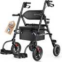 Walkers for Seniors, 2 in 1 Rollator Wheelchairs Combo 10" Big Wheels Walker with Seat, Rollator Transport Chair with Brakes Folding Rolling Walker for Adults, Black