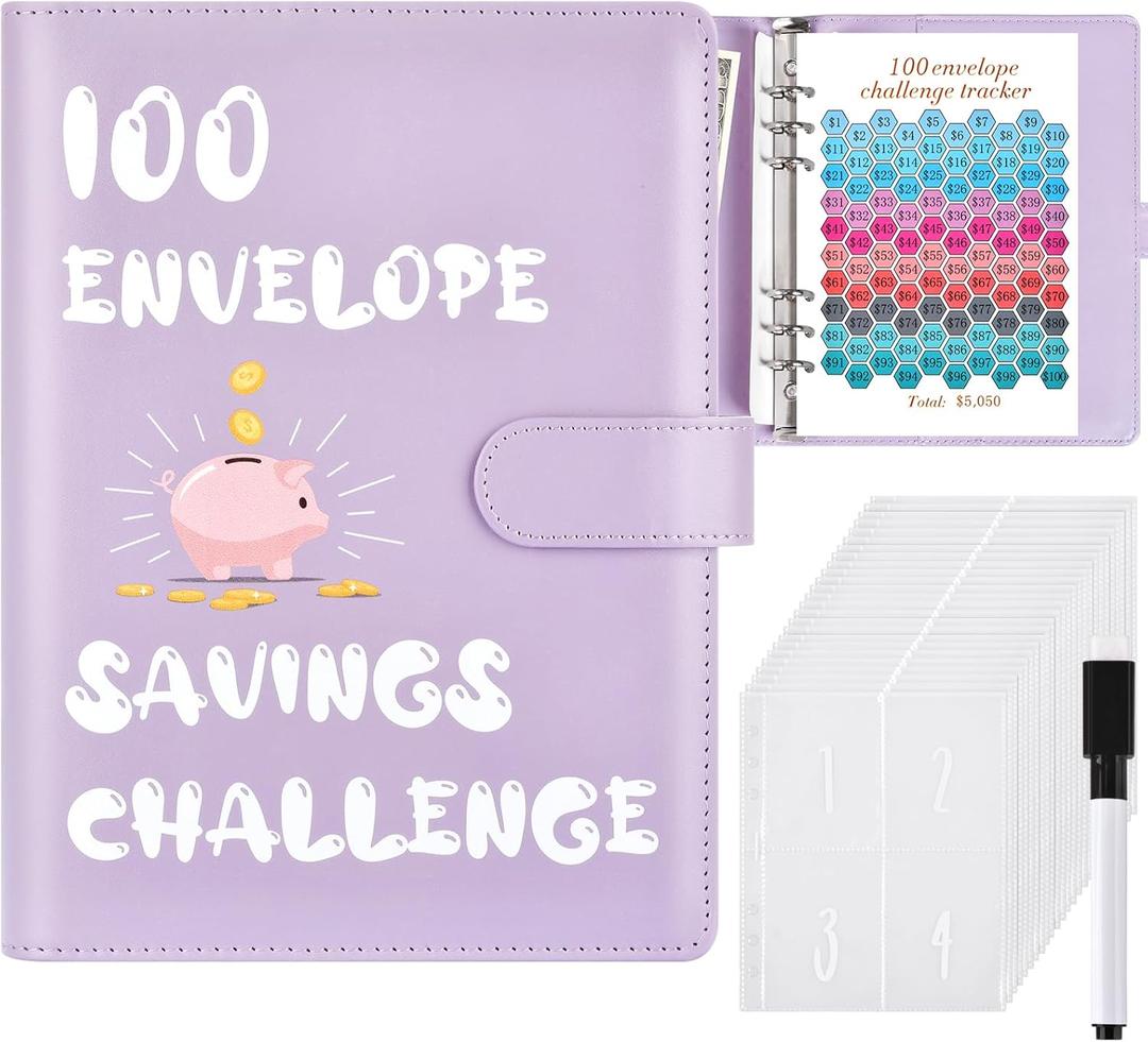 100 Envelopes Money Saving Challenge, Money Saving Binder, Savings Challenges Book With Envelopes, Cash Envelope Budget Binder Savings Book, 100 Day Savings $5050 Challenge Binder (Purple)