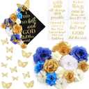 Knitgrip 31 Pcs DIY Graduation Cap Decorations Kit Faux Flower Heads 3D Butterfly Stickers Graduation Quotes Glitter Decals for Grad Hat Topper Graduations Party Supplies(Blue, White, Gold)