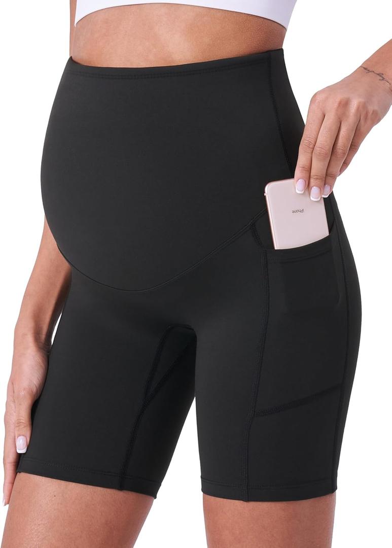 POSHDIVAH Women's Maternity Shorts Over The Belly Biker Yoga Active Pregnancy Workout Short Pants with Pockets 8" (Medium)