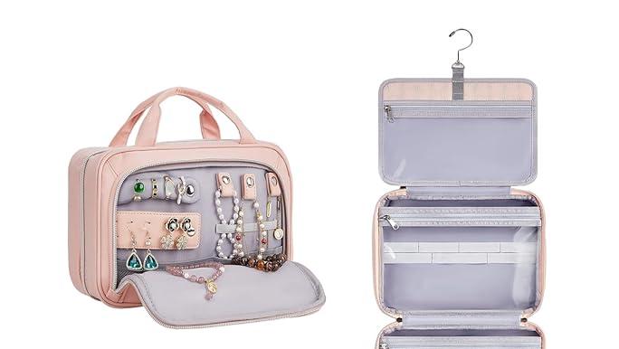 Hanging Travel Toiletry Bag, Foldable Cosmetic Bag with Multiple Compartments, Water-Resistant Makeup Bag for Toiletries, Accessories (Light Beige)