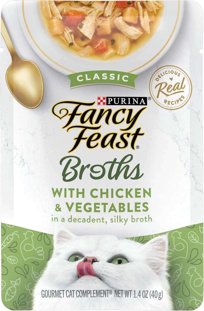 Purina Fancy Feast Broths Classic With Chicken and Vegetables Lickable Wet Cat Food Broth Topper, Pack of 16, 1.4 oz Pouches (EXP 04/30/28)