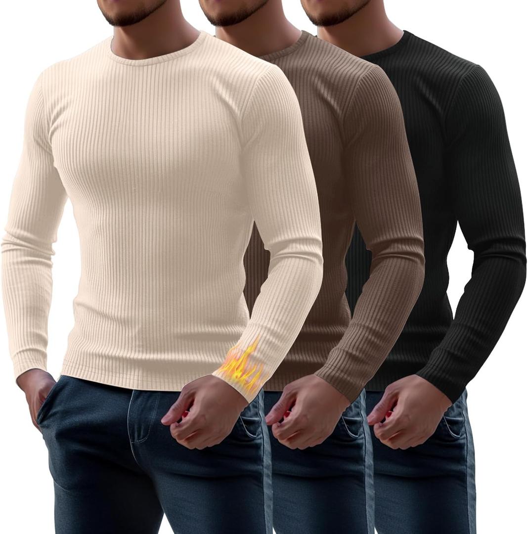 Riyiper 3 Pack Men's Ribbed Thermal Shirts Crew Neck Long Sleeve Tops Winter Stretchy Slim Basic Undershirt (Black, Coffee, Apricot)
