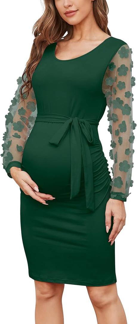 Floral Mesh Bishop Long Sleeve Maternity Midi Dress, Fall Maternity Bodycon Dress for Baby Shower Size L