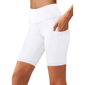 Aoliks Biker Shorts Women with Pockets - 8" High Waisted Tummy Control Running Workout Spandex Gym Volleyball Yoga Shorts (2XL, 1 White)