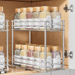 Pull Out Spice Rack Organizer for Inside Cabinet, 2 Tier Slide Out Spice Organization for Cabinet, Vertical Sliding Seasoning Organizer, Chrome, 4.9''Wx10.4''Dx9.57''H (Silver)