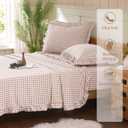 Gingham Queen Sheet Set, Lightweight Super Soft Brushed Microfiber Plaid Bed Sheets with 16" Deep Pocket, 4 Piece Ruffle Farmhouse Bedroom Decor, Taupe