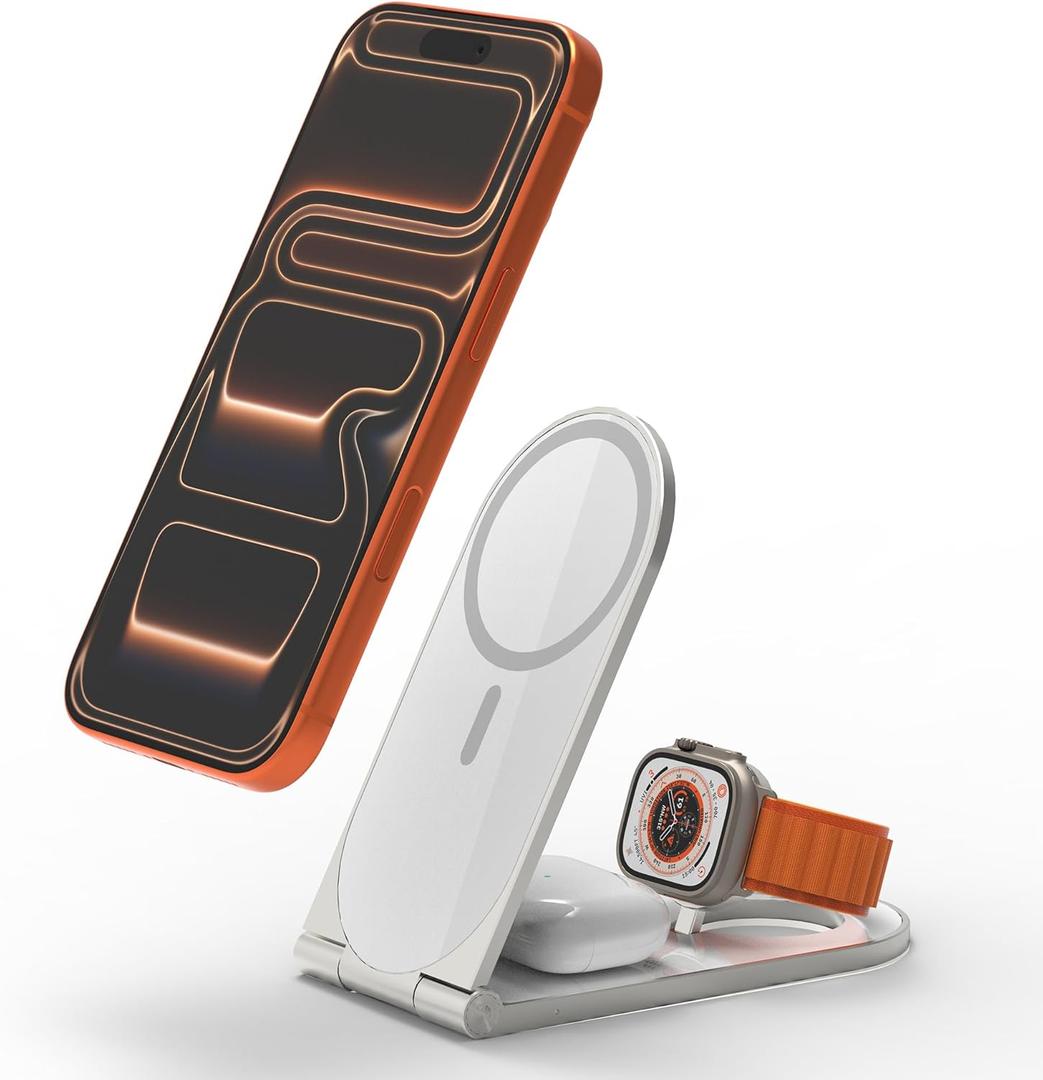 Wireless Charging Station, 3 in 1 Phone Charger Stand, Foldable MagSafe Charger for 17/16/15/14/13/12 Pros Plus, Watch Ultra, Airpods, Magnetic Travel Charging Station with 20w Adapter (White)