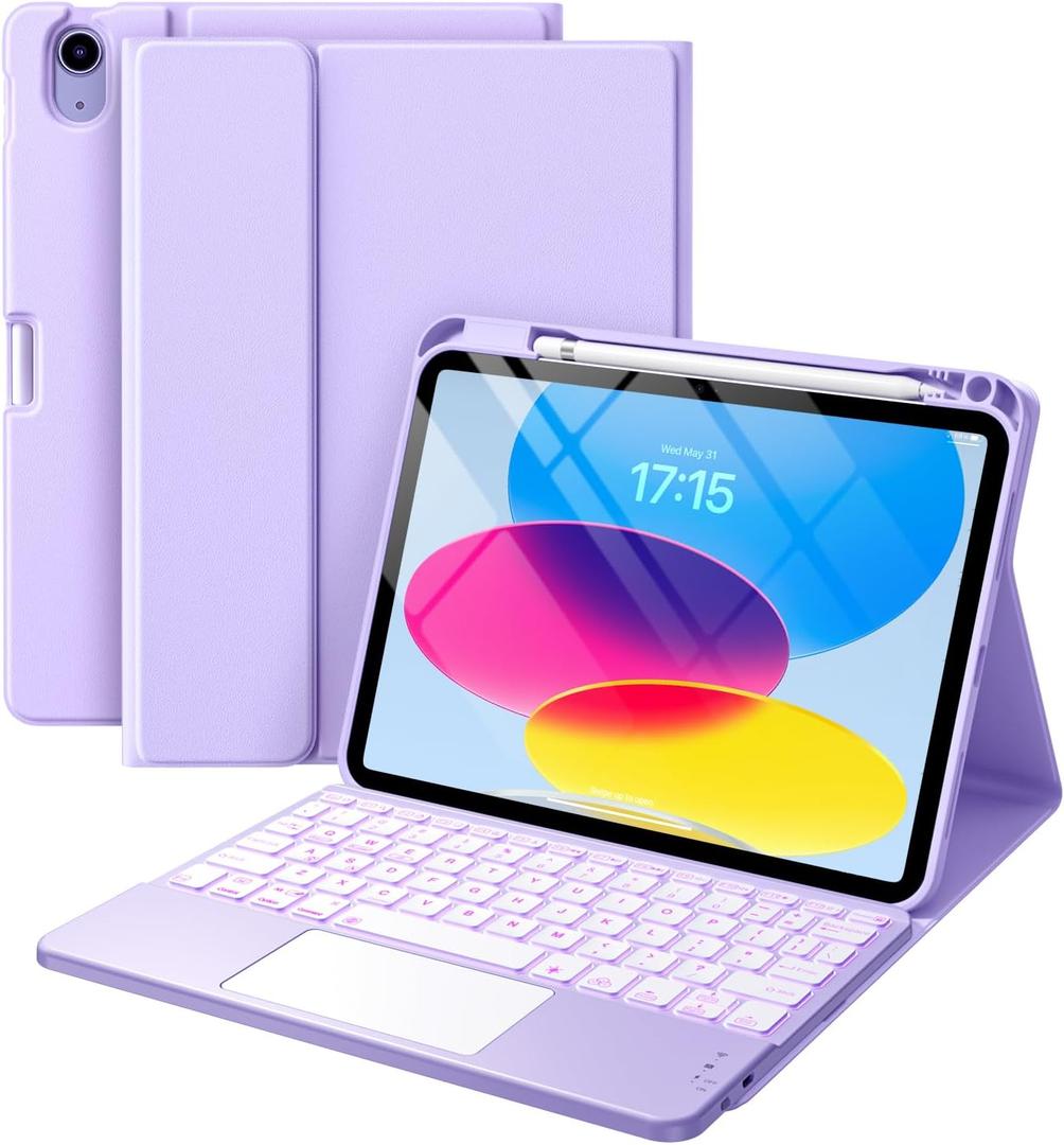 Compatible for iPad 11th 10th Generation Case with Keyboard, Folio Cover with Pencil Holder, Multi-Touch Trackpad, 7 Color Backlit, Detachable Keyboard for iPad (A16) 11th/10th Gen (Purple)