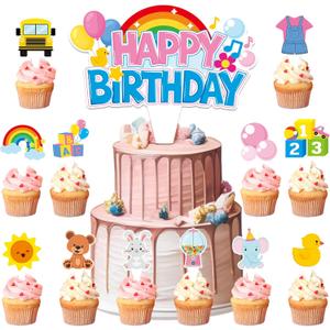 26Pcs Girls Happy Birthday Cupcake Toppers Cartoon Teacher Cupcake Picks Cartoon Girls Party Decorations Rainbow ABC Bus Double Sided Cake Decorations for Birthday Baby Shower Party Supplies