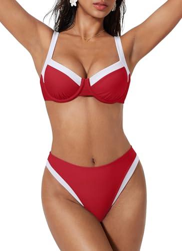SUUKSESS Women Color Block Underwire Bikini Sets Cheeky High Cut 1 Piece Swimsuit V Neck Push Up Bathing Suit (Red White,XS)