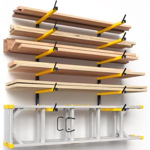 GREENER Lumber Storage Rack Folding Wood Storage Racks Wall-Mounted Metal Racks for Storage with 6-Level Heavy Duty Garage Wood Organizer for Woodworking Shop Indoor & Outdoor Use, 2 pairs,Yellow