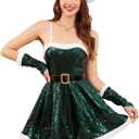 TRIWORKS Christmas Lingerie for Women Santa Dress Costume Set Christmas Sequin Dress with Xmas Hat Belt Gloves (Small, Green)