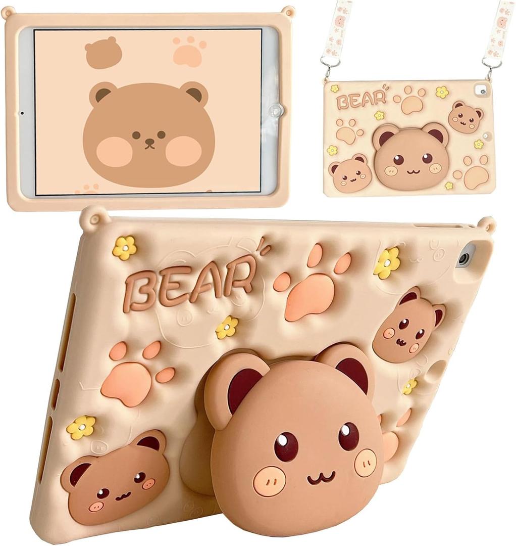 for iPad Pro 11&Air 11 Inch (M2,2024/M3,2025) and 10.9" iPad Air 5th&4th Case for Cute Cookie Bear Silicone Cover with 3D Bear Stand Shoulder Strap Cases for iPad Pro 111st/2nd/3rd/4th