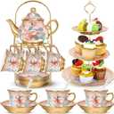 21pcs Porcelain Teapot Parties Set with Metal Holder and Cupcake Stand Ceramic Tea Pot Cups Saucers Cupcake Tier Tower for Women Girls European Parties Weddings Gifts(Pink,Spring)