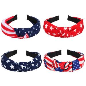 4th of July Headbands for Women Girls American Wide Knottted Headband USA Blue Star Rhinestone Patriotic Headbands Crystal Jeweled Hairband Hair Accessories, 4 Pcs