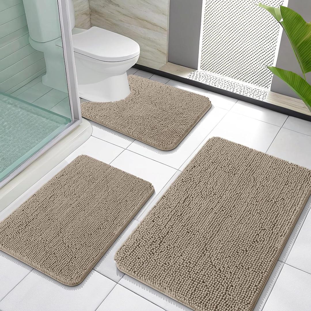 OLANLY Bathroom Rugs Sets 3 Piece, Soft Absorbent Chenille Bath Mats and U-Shaped Contour Toilet Rug, Quick Dry, Home Decor Accessories, Bath Mat Set for Bathroom (30"x20"+24"x16"+24"x20", Warm Taupe)