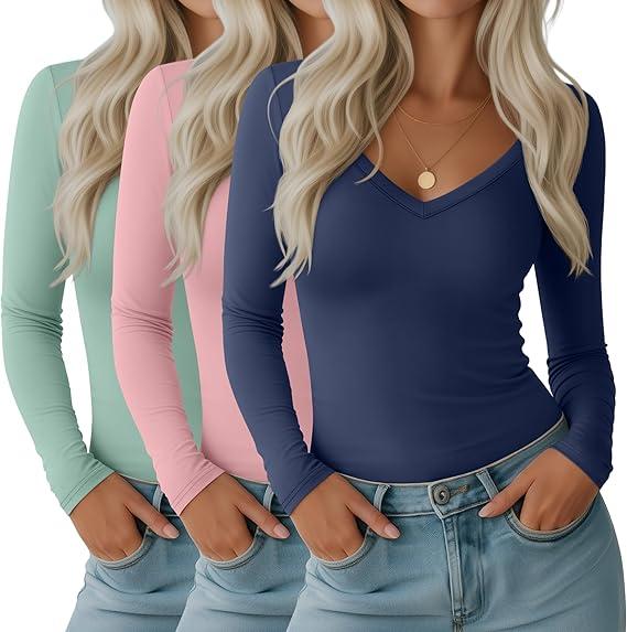 Huukeay 2 Pack Women's Deep V Neck T Shirts Long Sleeve Slim Fitted Tops Casual Fall Basic Tee Shirts Stylish Clothes, M, Haze Blue, Gray Green