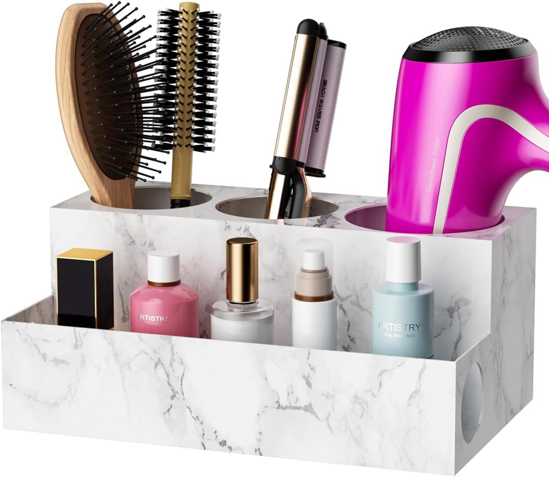 VITVITI Metal Hair Tool Organizer, Hair Dryer and Straightener Holder Countertop, Blow Dryer Holder Bathroom Organizer Storage for Vanity Makeup/Styling Tools/Curling Iron, White Marble Look