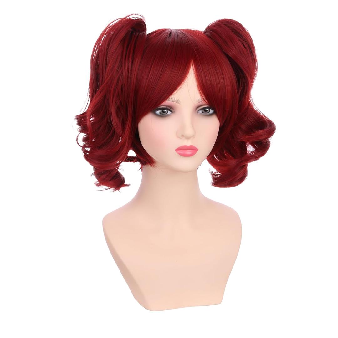 Girls Rd Two Ponytail Wig Kids Short Wavy Curly Wig with Bangs Heat Resistant Synthetic Wigs with Wigs Cap