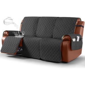 Ruaozz Waterproof Recliner Sofa Covers, 1-Piece Couch Covers for Reclining Couches Reclining Couch Cover Washable Furniture Protector with Elastic Straps Pocket for Kids Pets (Charcoal Grey, 3 Seater)