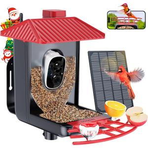 Osoeri Bird Feeder with Camera, Smart AI Identify Wild Bird Feeders Camera, 1080P Auto Capture Bird's Video & Motion Detection, with DIY Add-ons & Hummingbird Feeder, Gifts for Bird Lover (Red Black)