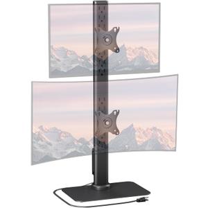 Dual Monitor Stand with Built-in Power Outlet, Vertical Stack Freestanding Monitor Mount for 13-32 inch Flat Curved Computer Screen, Metal Base, Height Adjustable, Max VESA 100x100mm