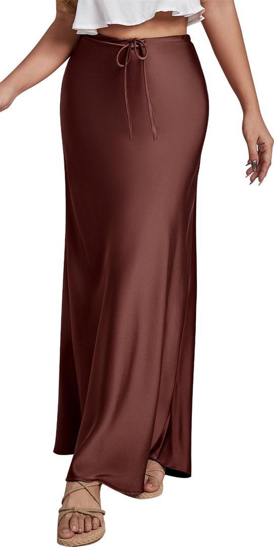 FEOYA Women’s Satin Silky Maxi Skirt High Waist A Line Elegant Flowy Mermaid Hem Drawstring Wedding Party Club Spring Skirt Chocolate Brown (L)