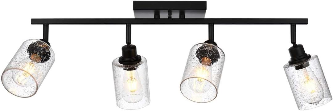 Modern Complete Track Lighting Kits 4 Lights Black Vanity Light with Seeded Glass Shade,Industrial Inddoor Ceiling Spot Light Fixtures Kitchen Track Lights with Flexibly Rotatable Light Head