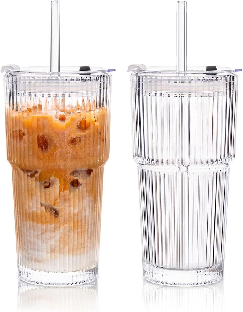 KEMORELA 2-Pack 20 oz Ribbed Glass Tumblers with Lids and Glass Straws Vintage Iced Coffee Cups, Reusable Smoothie & Cocktail Drinking Glasses, Clear Glassware for Home or Cafe