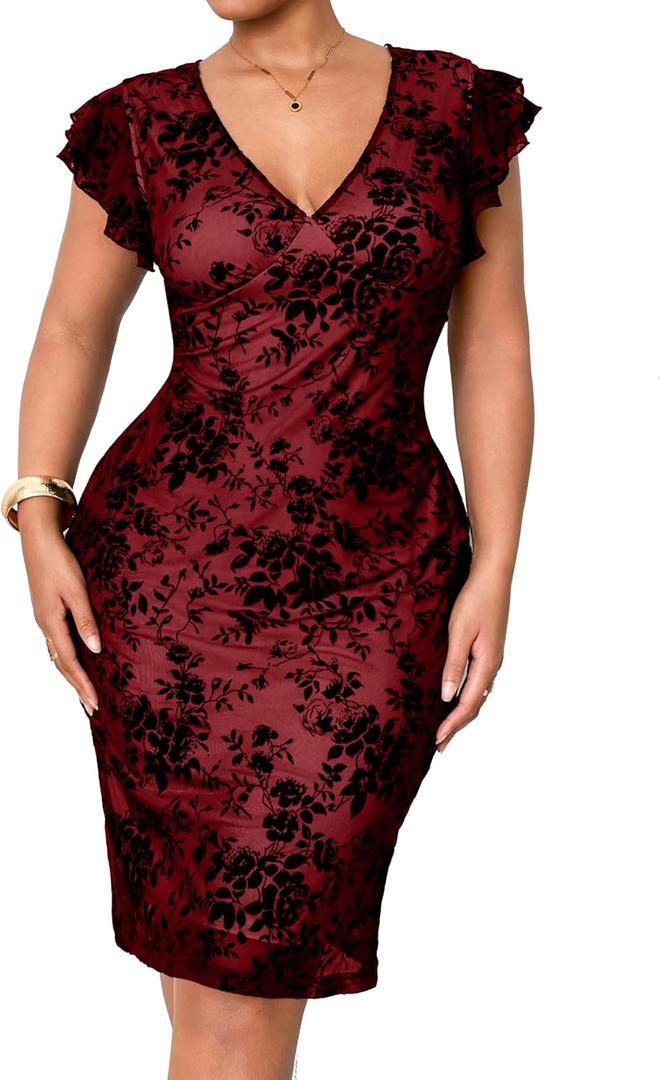 RWJ Plus Size Wedding Guest Dresses for Women 2026 Spring Summer V Neck Floral Bodycon Mesh Evening Cocktail Party Dress (XX-Large Plus, Burgundy Jacquard)