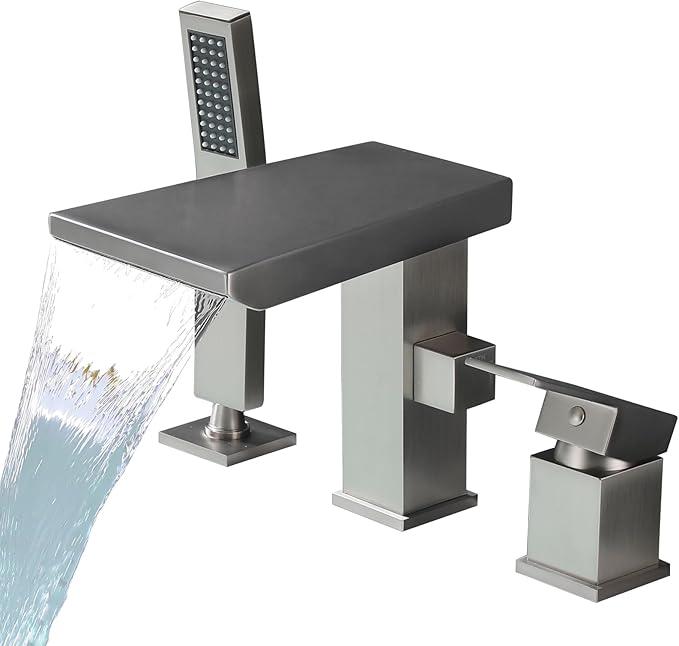 FSCEPIXI Waterfall Roman Tub Faucet with Hand Shower, Deck Mount Tub Filler Bathtub Faucet with Sprayer, Brass Widespread 3 Hole Bathtub Shower Faucet Set, Brushed Nickel