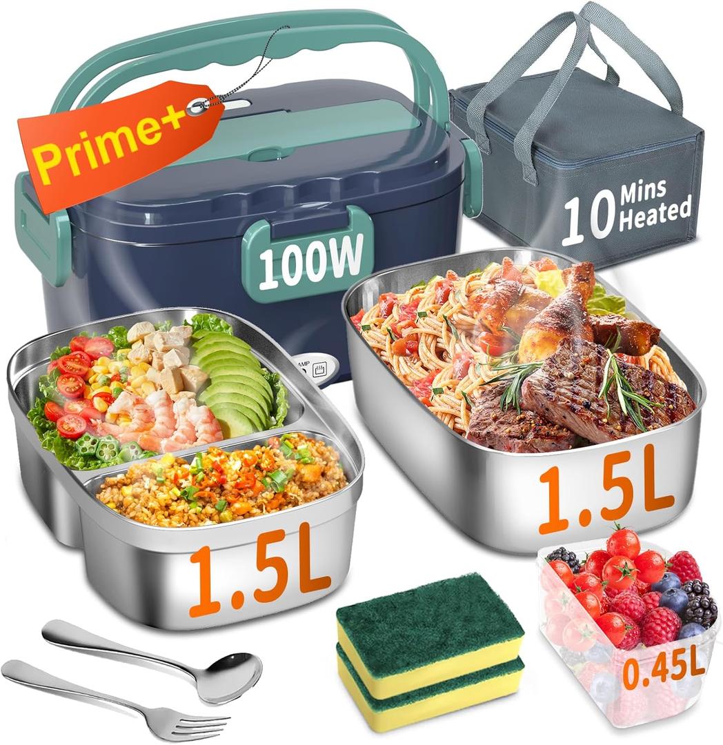Electric Heated Lunch Box for Adults with 2 Pack 1.5L Containers, Portable 100W 3-IN-1 Fast Heated Lunch Box for Men Women, Portable Heating Food Warmer,12V/24V/110V for Car Truck Office Home Travel (Blue)