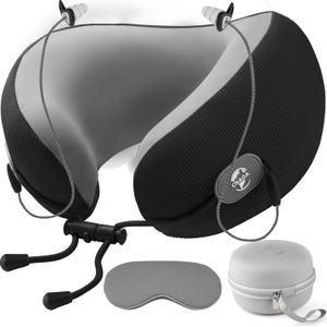 CNAOA Travel Pillow for Airplanes, Neck Pillow eases Neck and Shoulder Pain on Long Flights, Adaptive Memory Foam Sleep Support, Portable Carry Case, Eye Mask and Earplugs Travel Set(Black)