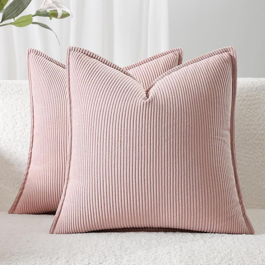 Corduroy Throw Pillow Covers 18x18 Set of 2 Boho Decorative Pillow Covers for Couch, Sofa, Bed Soft Square Cushion Covers for Living Room Decor (No Insert) Light Pink