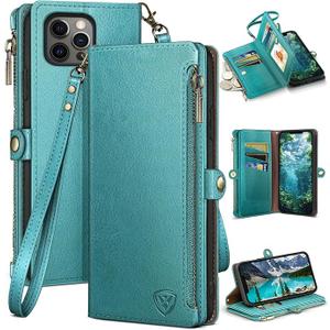 XcaseBar for iPhone 13 Pro Max 6.7" Wallet case with Zipper Credit Card Holder【RFID Blocking】, Flip Folio Book PU Leather Phone case Shockproof Cover Women Men for Apple 13 Pro Max case Blue Green