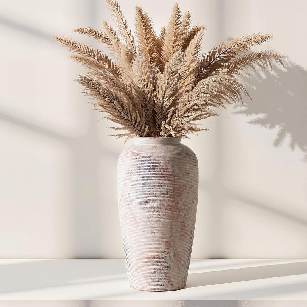 Rustic Distressed Ceramic Threaded Vase, 11" H Handmade Wabi Sabi Decor Vase (Antique Terracotta with Lime White & Distressed Black Patches) for Living Room Table Centerpieces, Entryway & Fireplace