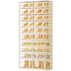 10 Tiers 20-40 Pairs Foldable Shoe Boxes Large Plastic Shoe Storage Rack Collapsible Shoe Organizer For Closet Tall Shoe Shelf Clear Stackable Shoes Cabinet with Doors Entryway (Brown)