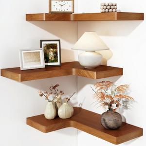 Fixwal Corner Floating Shelves for Wall Mounted Natural Solid Wood 16"x11.4" Farmhouse Home Decor Display Shelving Set of 3 (Rustic Brown), 16" x 11.4" x 5.5"