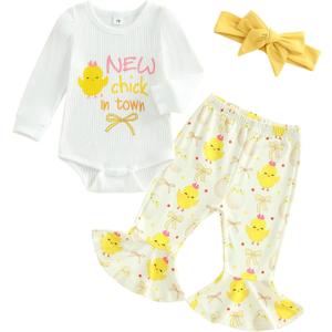 Ayalinggo My First Easter Baby Girl Outfit Easter Bunny Shirt Onesie Romper Bell Bottoms Pants Newborn Easter Clothes (White)