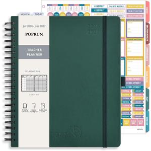 POPRUN Teacher Lesson Planner 2026-2027, (Letter Size - 8.5'' x 11'') Academic Planner July 2026 - June 2027 with Gradebook & Color Monthly Tabs, Thick Paper, 2-Sided Pocket, Leather Cover, Evergreen
