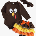 Sasaerucure Newborn Baby Girl Thanksgiving Outfit Turkey Printed Long Sleeve Romper Bodysuit Skirt Headband 3PCS Clothes Set 6-12