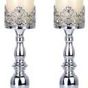 Candle Holders for Pillar Candles Gothic Matte Black Vintage Tall Candle Holders Set of 2 Decorative Large Table Centerpieces Candle Stand Decor (Silver 2PCS A)