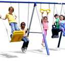 Sportspower Super 9 Metal Swing Set: Teeter Totter, 2 Kid Glide Ride Swing/Roman Glider Swing, Standing Swing + Trapeze Bar, Blow Molded Swing + 5' Wavy Slide Bonus 4pc Anchor Kit*, Blue/Yellow