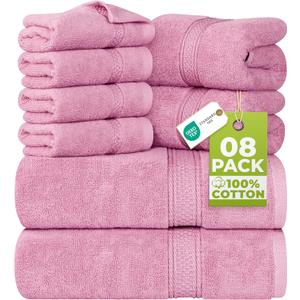 Utopia Towels 8 Piece Luxury Towel Set – Majestic Plush, Super Absorbent & Quicker-to-Dry, Thick 100% Ring Spun Cotton Towels for Bathroom, Spa & Hotel – 2 Bath, 2 Hand, 4 Washcloths, Pink