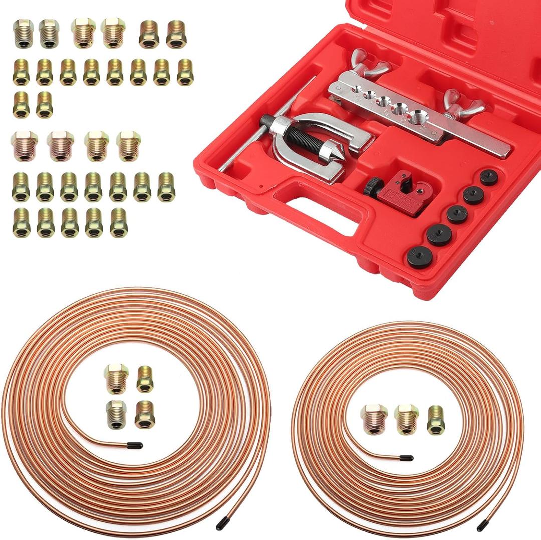25Ft 1/4" and 3/16" Brake Line Kit,Single & Double Brake Line Flaring Tool Kit with 32 Inverted Fittings and Brakes Flare Tool Kits,Copper Plated Brakes Lines Repair Kits