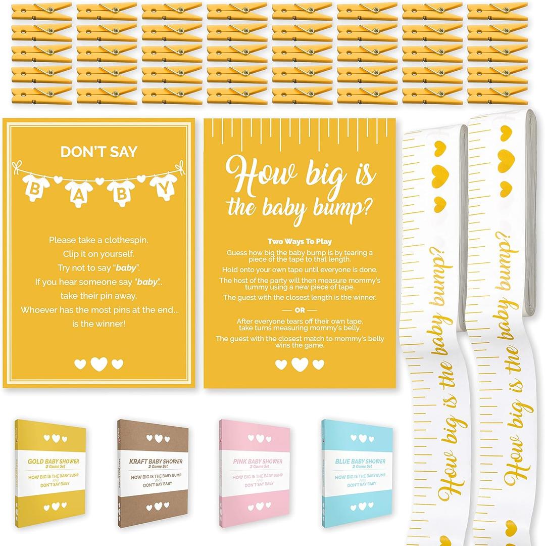 2 x Party Hearty Funny Baby Shower Games for Girl or Boy, Set of 2: How Big is The Bump & Don't Say Baby, Gold